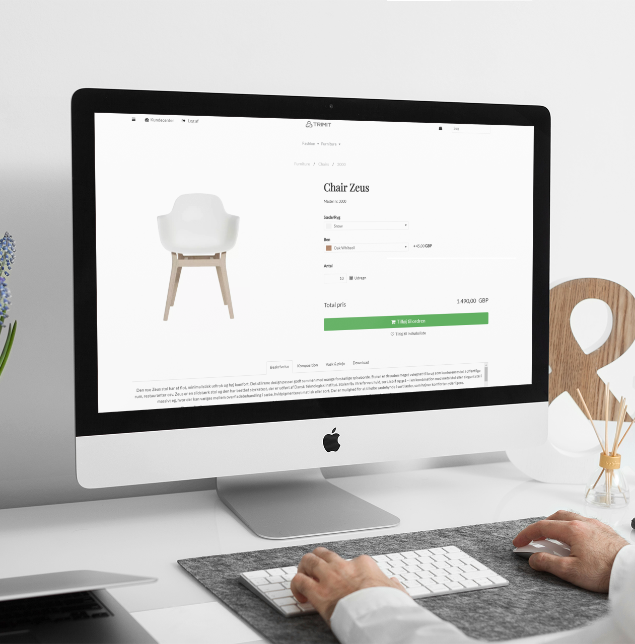 Computer screen displaying a product page for a chair named Zeus on an online furniture store.