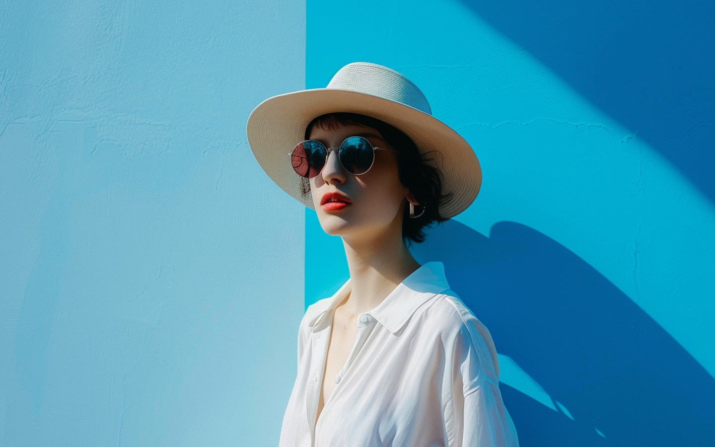 Fashionable woman in a wide-brimmed hat and sunglasses stands against a vibrant blue background.